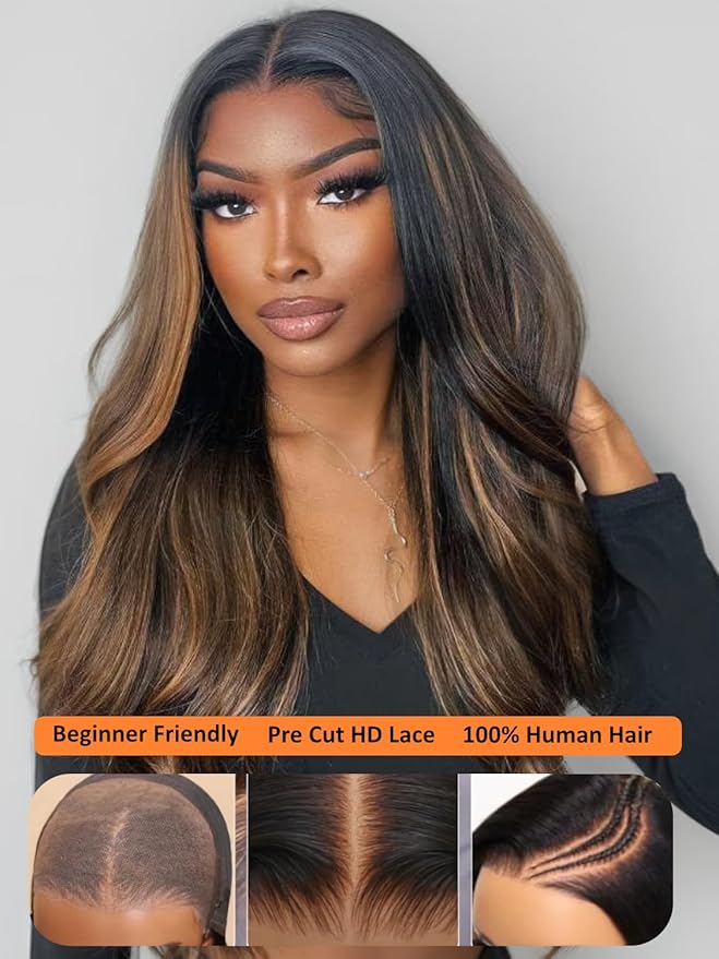 Julia Hair Bye Bye Knots Glueless Wig Highlight Balayage Brown Body Wave 7x5 Pre Cut HD Lace Front Wigs Human Hair Pre Plucked Bleached Knots Pre Everything Ready To Go Ombre Wig 24 Inch