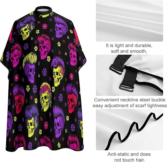 Salon Gown Cape Cool Goth Rock Skull Haircut Cloth Wrap Protector, Extra Large Hairdresser Apron for Hair Dye, Barber Aceessories