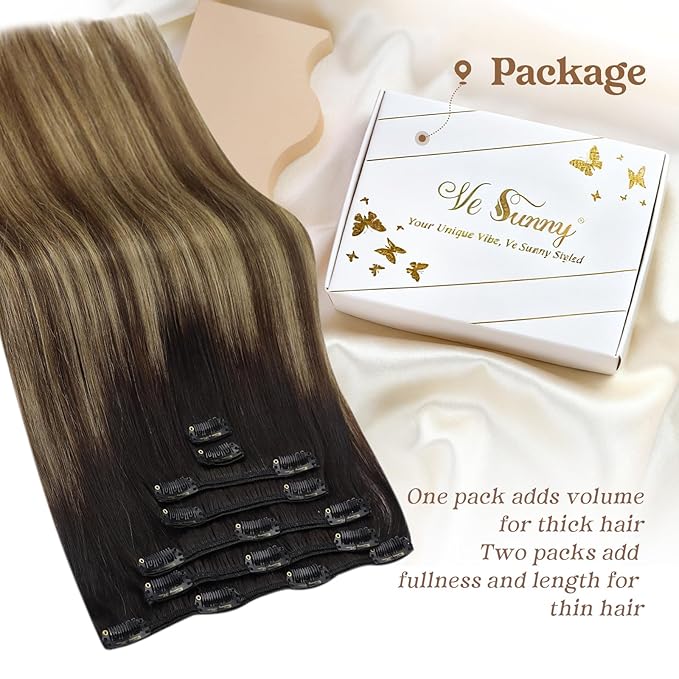 Ve Sunny 24 Inch Hair Extensions Real Human Hair Clip ins Balayage Clip in Hair Extensions Remy Hair Extensions Clip ins for Daily Use 120g
