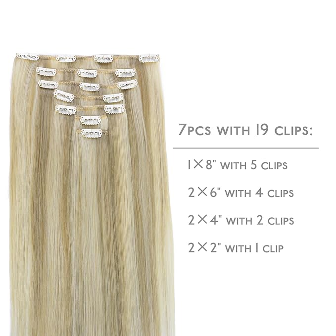 WENNALIFE Clip in Hair Extensions, 24 Inch 120g 7pcs Real Human Hair, Ash Blonde Highlighted Platinum Blonde Remy Clip Ins