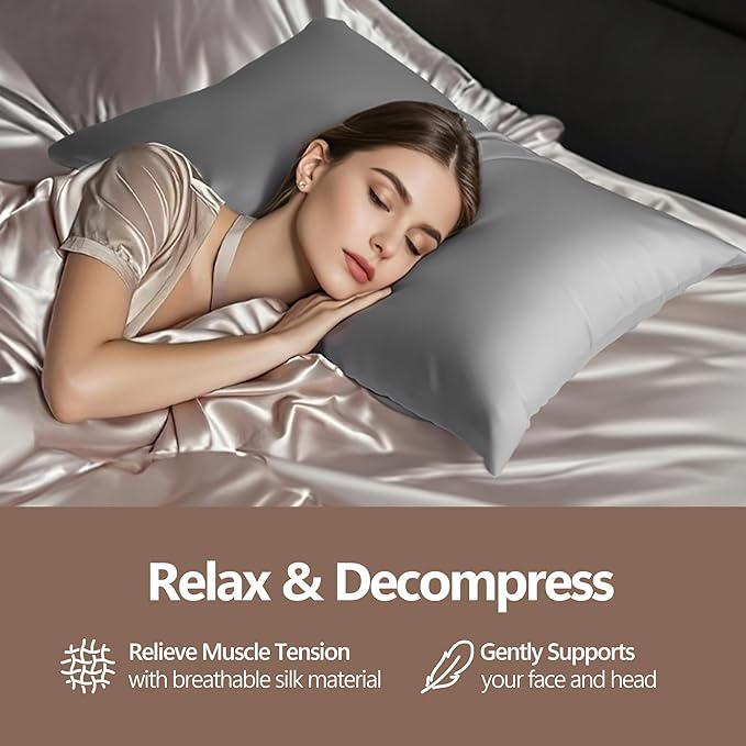 Set of 2 100% Mulberry Silk Pillow Cases - 6A Luxury Silk Pillowcase for Hair and Skin – Anti-Wrinkle, Cooling & Smooth, Hidden Zipper –Grey Silk Pillowcases 2 Pack (Gray, Standard)