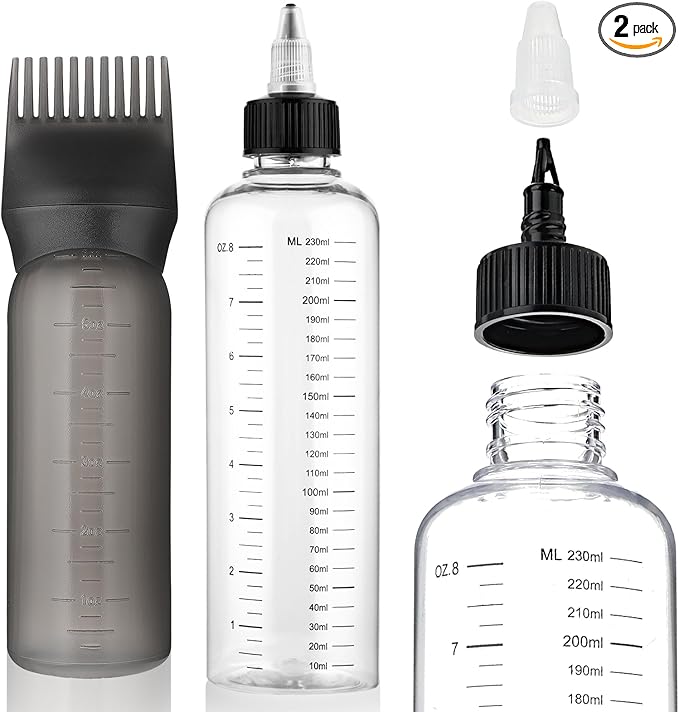 2 Pack Applicator Bottle for Hair, 8.5oz 6oz Squeeze Empty Oil Dispenser Hair Color Applicator Root Dye PET Plastic Refillable Bottles with Graduated Scale and Twist Top for Home Salon Sylist