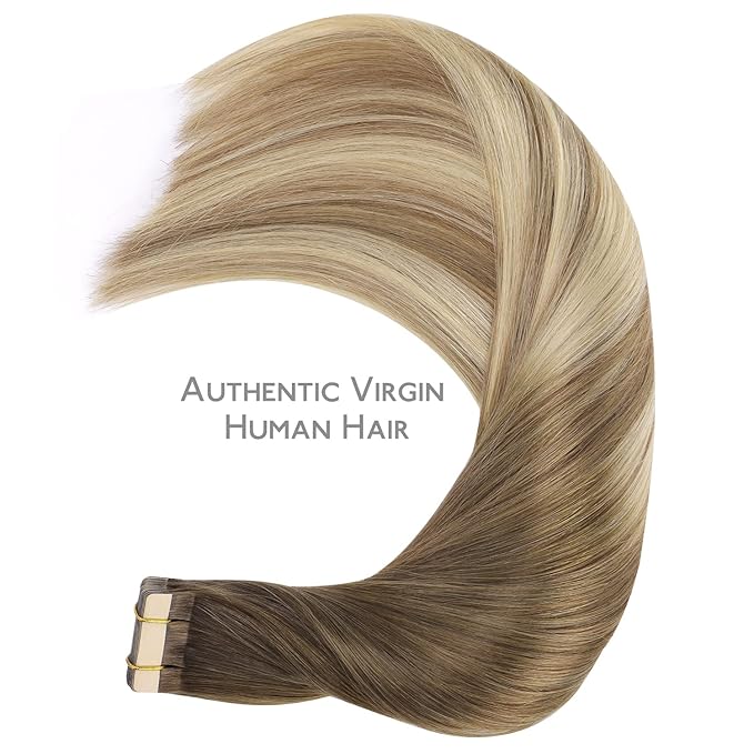 WENNALIFE Tape in Hair Extensions Human Hair, 20pcs 22 inch 50g Ombre Walnut Brown to Ash Brown and Bleach Blonde Remy Tape Hair Extensions Real Human Hair Tape Extensions Coloured Hair Extensions