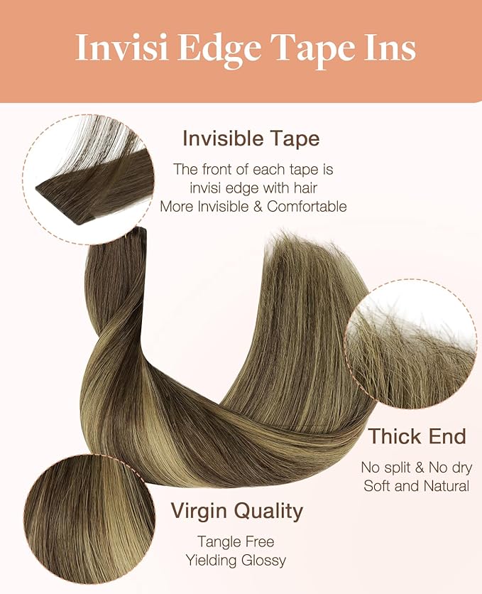 GOO GOO Invisi Edge Tape in Hair Extensions Human Hair, 4/27/4 Balayage Chocolate Brown to Caramel Blonde 20pcs injected with 20pcs classical tape ins, 20inch 100g, Virgin Remy Hair, Natural Look