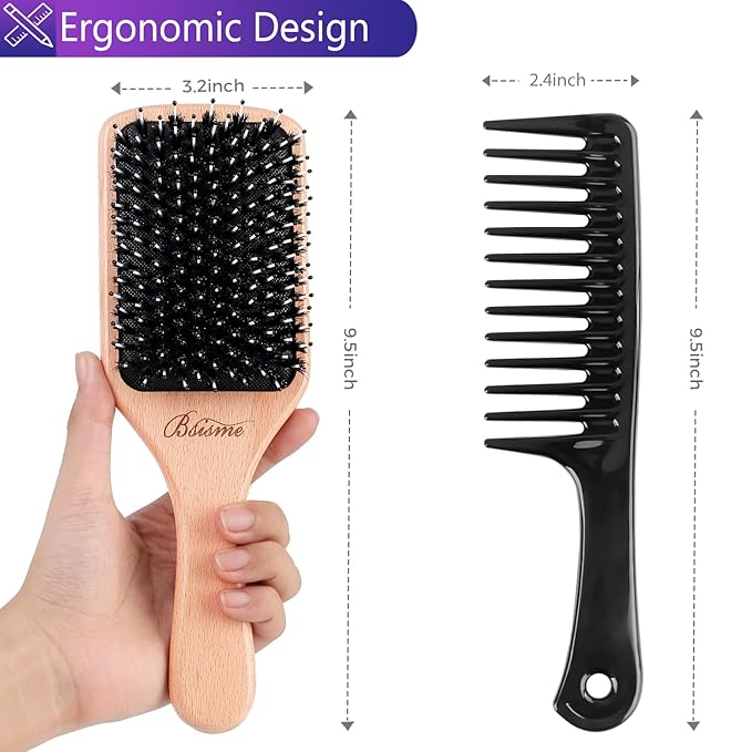 Bsisme Hair Brush-Boar Bristle Hairbrush with Detangling Pins Wooden Paddle Detangler Hairbrush for Women Men Reduce Frizz Dry Restore Natural Shine