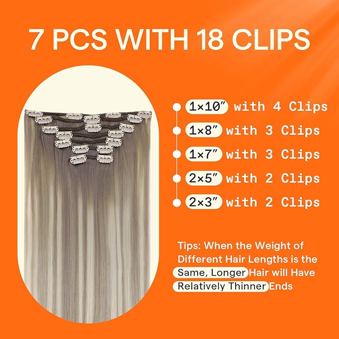 Full Shine Short Clip in Hair Extensions Human Hair Grey Blonde 12 Inch Double Weft Clip in Extensions for Women Balayage Remy Hair Extensions Real Human Hair 7 Pcs 95 G