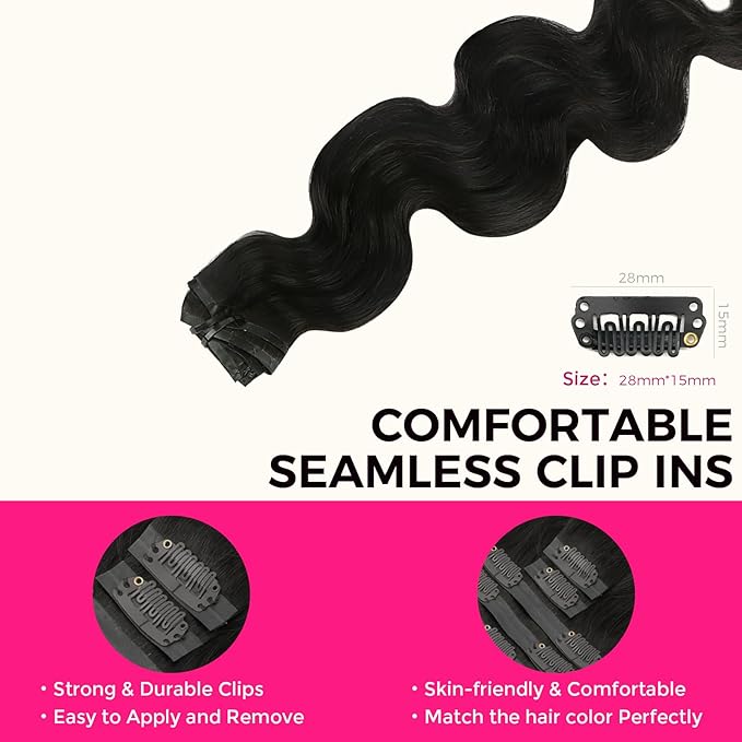 Lashey Hair Extensions Seamless Clip in Human Hair, Body Wave 150g 9pcs Natural Black 20 Inch 100% Real Human Hair Clip in Hair Extensions with Soft PU Skin Weft for Women