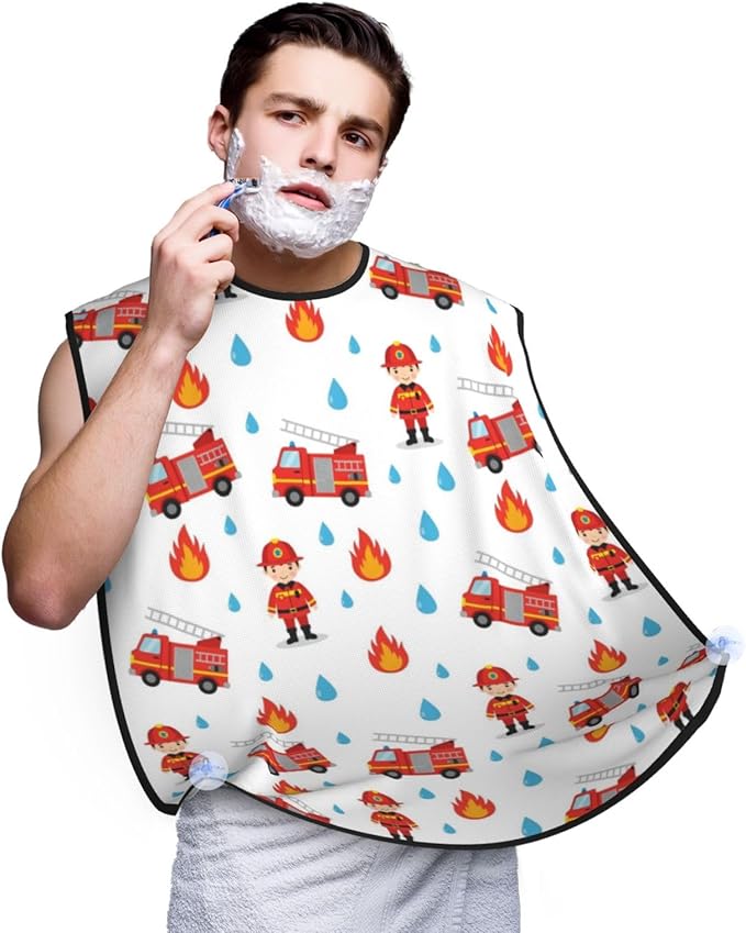 Beard Trimming Hair Catcher, Cartoon Fireman Red Fire Truck Shave Bib, Non-Stick Bib Apron Waterproof, Shaving Tool for Men for Husband Father’s Day