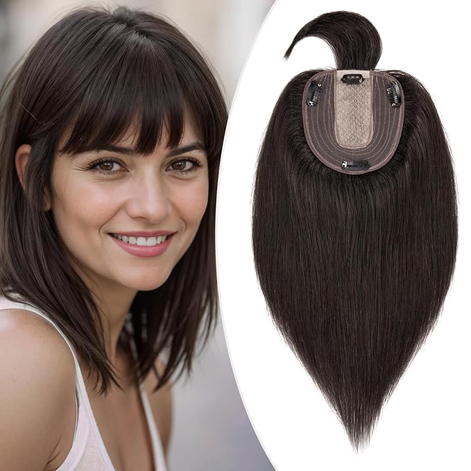 Rich Choices Hair Toppers for Women Real Human Hairs With Bang 100% Remy Human Topper for Thinning Hair Clip in Silk Base Topper 10 Inch #1B Natural Black