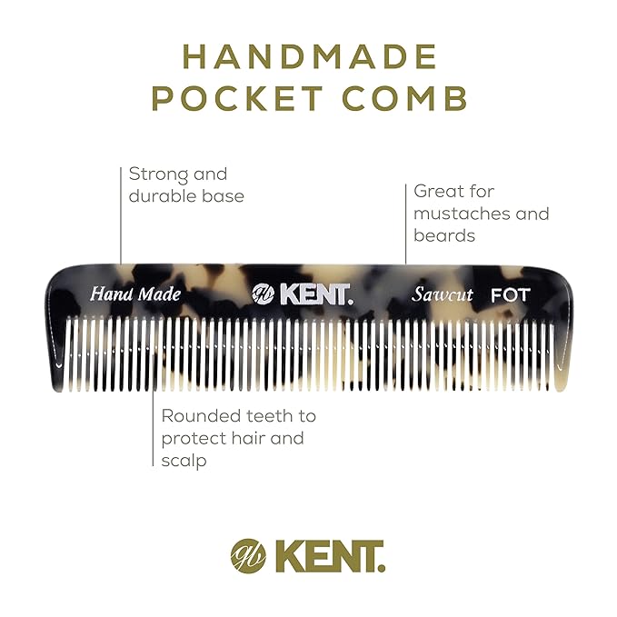 Kent FOT TW Fine Tooth Comb for Men - Handmade Pocket Comb for Travel, Styling, Fine or Thinning Hair, Mustache and Beard Care Handpolished Saw-Cut Made in England