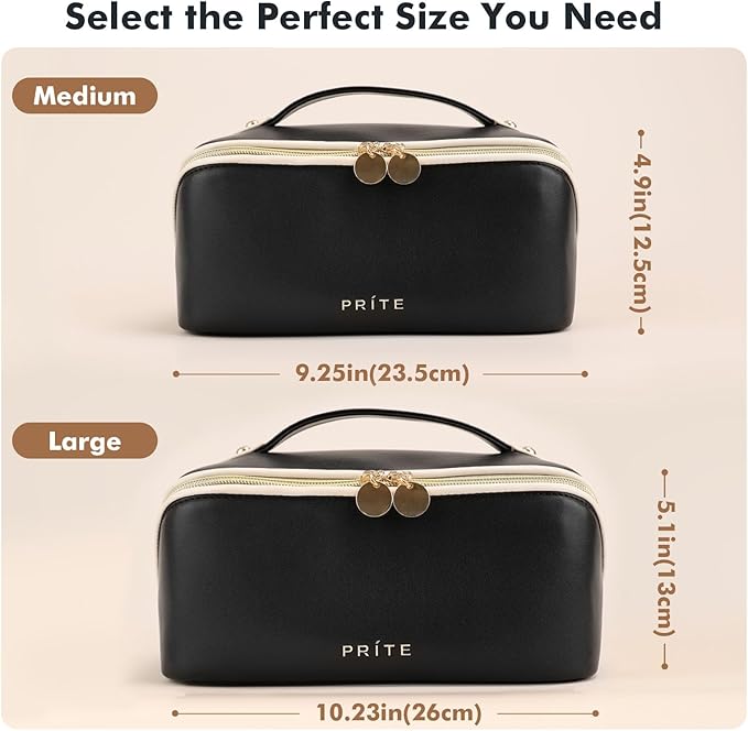 Prite Makeup Bag for Women Travel Waterproof Vegan Leather Cosmetic Bag Open Flat Toiletry Bag With Clear Divider and Handle (Black)