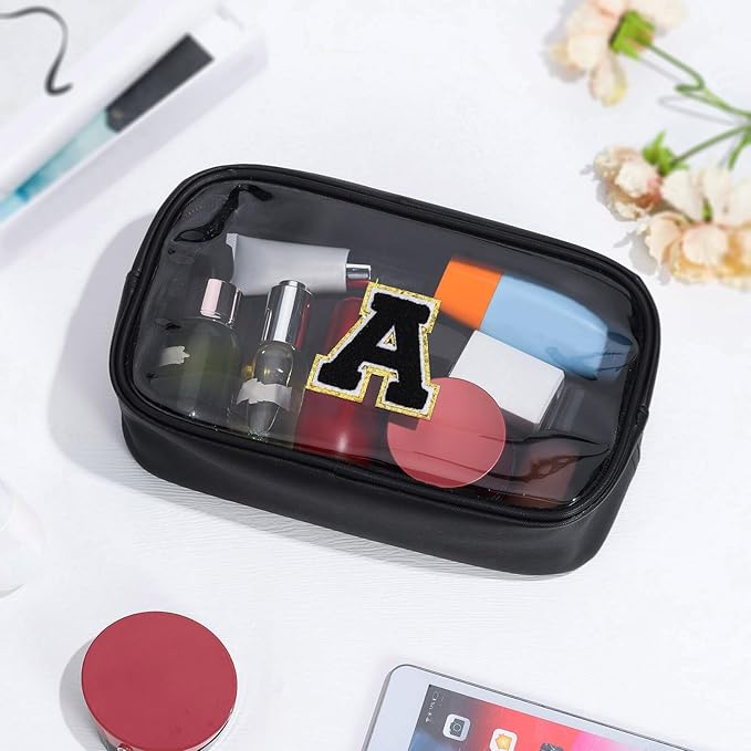 YOOLIFE Travel Toiletry Bag for Women, Black Clear Makeup Bag Cute Make Up Bag Cosmetic Bags Skin Care Makeup Bag Organizer Birthday Gifts for Women Teacher Mother Girlfriend Initial T
