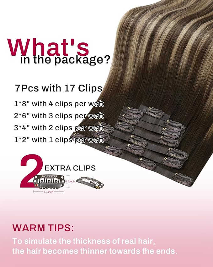 Moresoo Seamless Clip in Hair Extensions Balayage Brown Remy Seamless Human Hair Clip in Extensions Ombre Dark Brown with Caramel Blonde 7pcs/120g 18inch