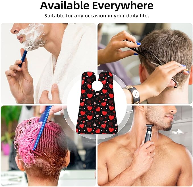 No-Slip Shaving Bib, Beard Grooming Apron with Strong Suction Cups, Valentine's Day Elegant Red Love Heart Black