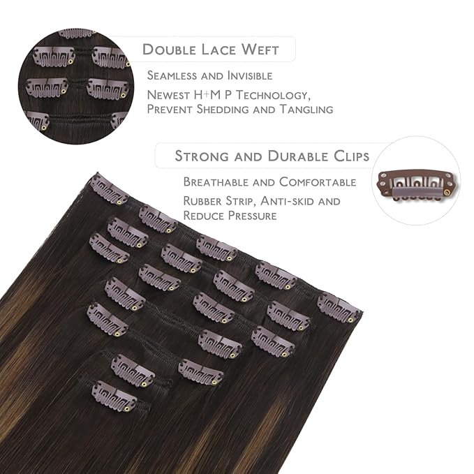WENNALIFE Clip in Hair Extensions Real Human Hair, 24 Inch 160g 7pcs Balayage Dark Brown Mixed Chestnut Brown Remy Hair Straight Natural Extensiones De Cabello Humano Con Clip Ins