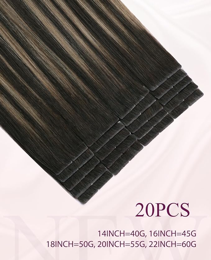 Pinkpearl Invisible Tape in Hair Extensions Human Hair, 20pcs 18inch 50g #2/6/2 Balayage Dark Brown to Chestnut Brown Injection Tape in Extensions Real Remy Human Hair Injected