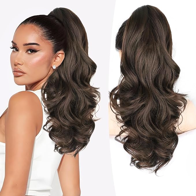 ALXNAN Claw Long Wavy Ponytail Extension,18 Inch Curly Pony Tail Clip in Hair Extensions for Women,Dark Chocolate Brown Clip on Pony Tails Hair Extensions