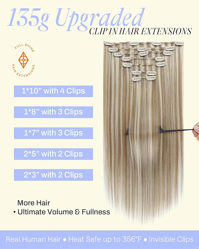 Full Shine Blonde Clip in Hair Extensions Highlight Human Hair 18 Inch for Thick Hair Invisible Clip in Human Hair Extensions Straight Blonde Extensions 18 Inch 135 G