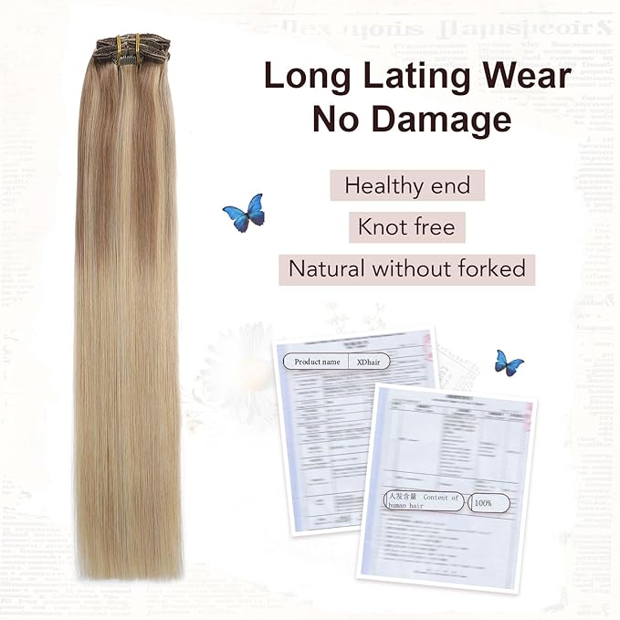 XDhair Human Hair Clip in Extensions 120g 20 Inch Balayage Blonde Human Hair Extensions Clips ins Golden Brown to Light Blonde Clip in Hair Extensions for Women #10/27/27 20 Inch