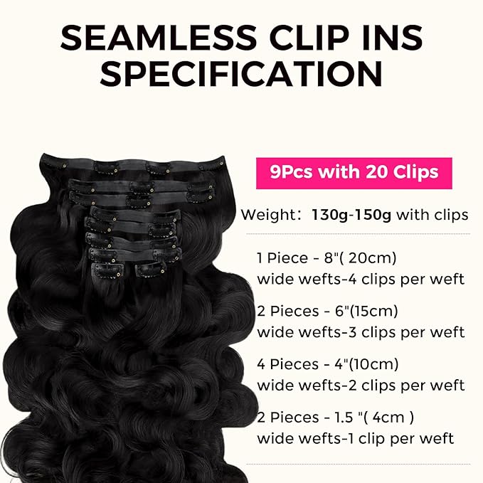 Lashey Seamless Clip in Hair Extensions Human Hair 9pcs Body Wave #1 Jet Black 150g 24 Inch Clip in Hair Extensions with PU Soft Invisi Edge for Women