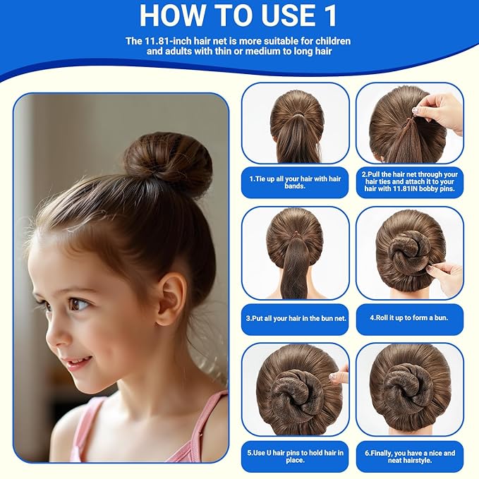 TsMADDTs Bobby Pins and Hair Nets Set, Hair Accessories for Women with Invisible Nets for Ballet Bun(11.81&19.86IN), U Pins for Dance(1.37&2.36IN), Elastic Bands, Clear Rubber Bands