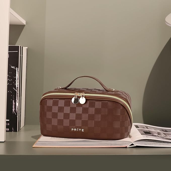 Prite Makeup Bag for Women Travel Waterproof Vegan Leather Cosmetic Bag Open Flat Toiletry Bag With Clear Divider and Handle (Plaid Brown)