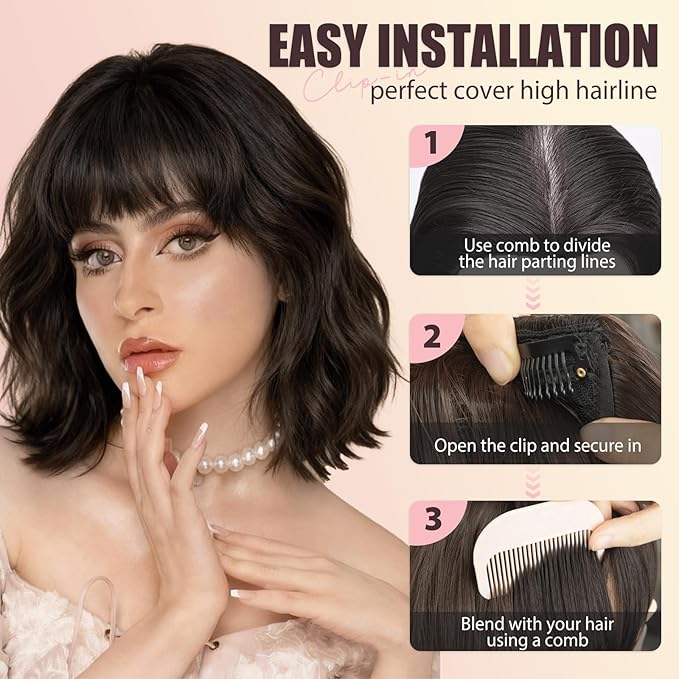 Clip in Bangs, Synthetic French Bangs Hair Clip, Wine Red Fake Bangs Fringe with Temples Hairpieces for Women Natural Curved Hair Extensions for Daily Wear