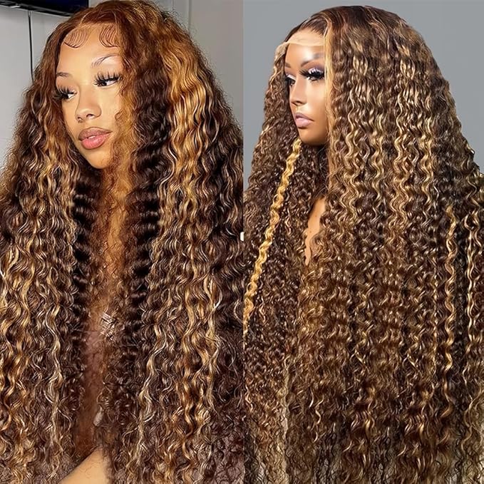 Honey Blonde Human Hair Wigs 13x6 HD Highlight Ombre Deep Wave Lace Front Wigs Human Hair 180 Density Glueless Deep Wave 4/27 Colored Wet and Wavy Curly Wig Pre Plucked for Women 22 Inch