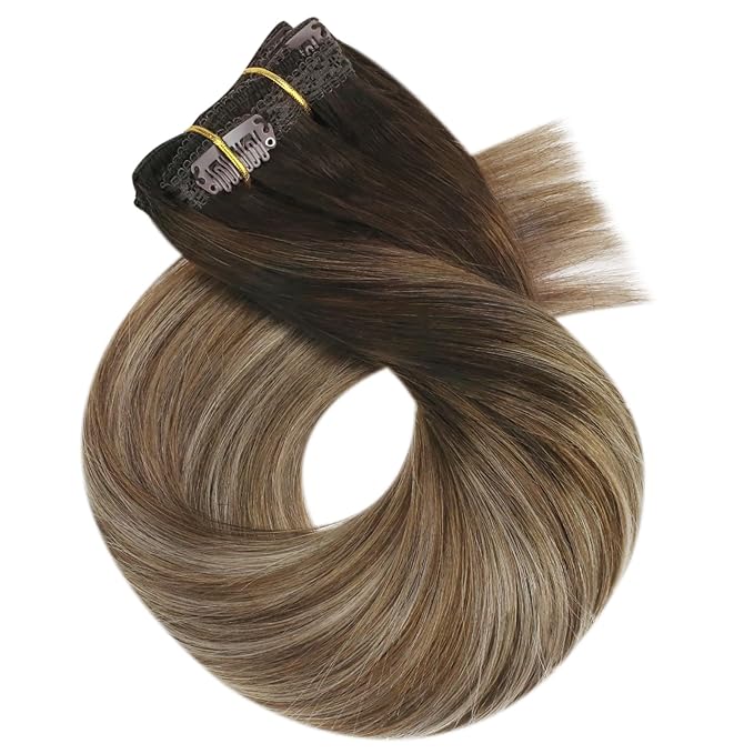 Moresoo Clip in Hair Extensions Real Human Hair for Women Long Human Hair Clip in Extensions Balayage Brown to Blonde 16 Inch Different Batches