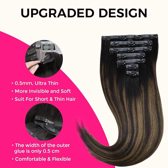 Lashey Seamless Clip in Hair Extensions Human Hair Light Yaki 14 Inch 110g 7pcs Natural Black Mixed Chestnut Brown Clip in Hair Extensions Human Hair for Black Women