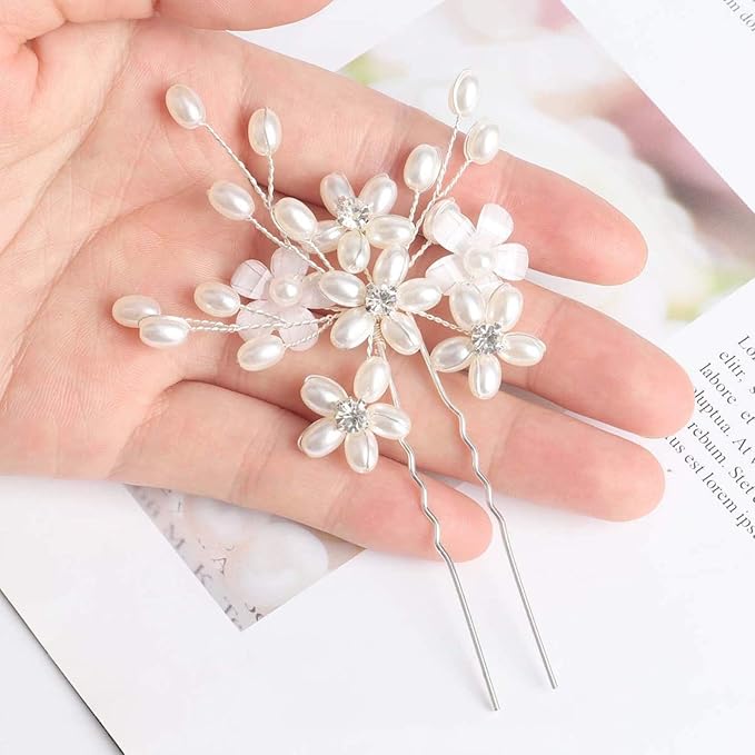 Elegant Pearl Wedding Hair Pins, Bendable Floral Crystal Hair Accessories for Bridal Women, Pack of 3 (Silver)