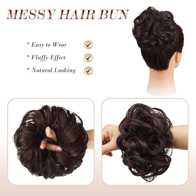 FESHFEN Messy Bun Hair Piece - Elastic Wavy Curly Hair Bun Scrunchies Extensions Synthetic Chignon Hairpieces for Women Girls, Black Cherry 1.5 oz