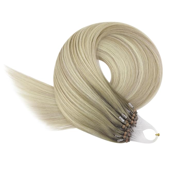 YoungSee Micro Link Hair Extensions Human Hair Ombre Blonde Micro Bead Hair Extensions Blonde to Platinum Blond Beaded Hair Extension Real Human Hair Balayage Remy Hair for School 14In 50s/50g