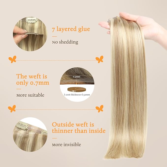 DOORES Seamless Clip in Hair Extensions, Light Blonde Highlighted Golden Blonde 150g 7pcs 22 Inch, Virgin Invisible Edge Human Hair Clip in Extensions