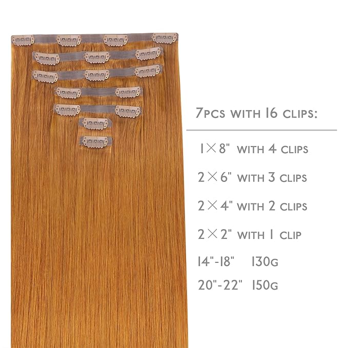 WENNALIFE Seamless Clip In Hair Extensions Human Hair, 14 Inch 130g 7pcs Auburn Ginger Real Hair Extensions Clip in Human Hair Invisible PU Skin Weft Natural Remy Human Hair Extensions