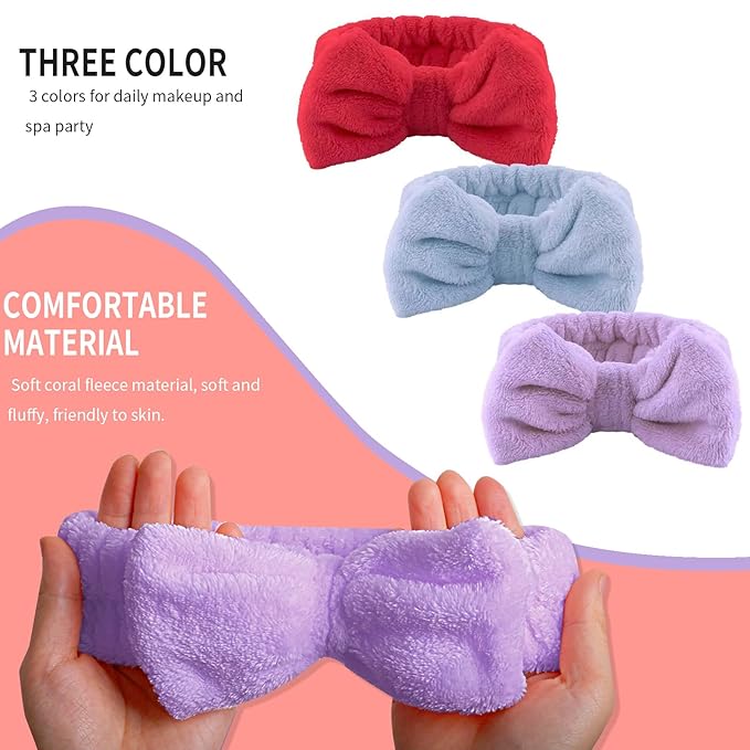 WSYUB Hairband, 3pcs Face Headband with Bow Tie, Soft Microfiber Skincare Band for Washing Face, Shower Headband Spa Headband for Women Girls(Blue, Red, Purple)