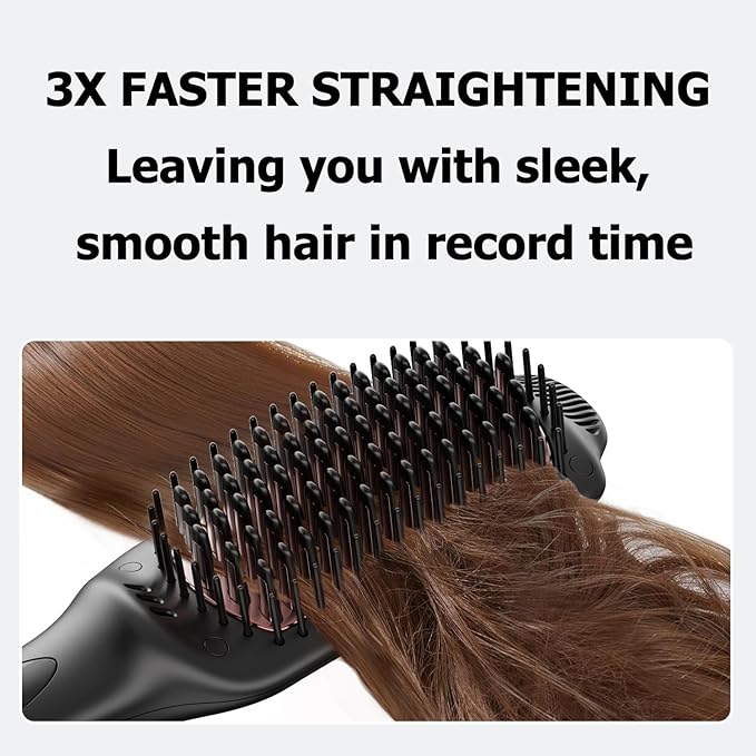 LANDOT Hair Straightener Brush for Thick Curly Hair - Ionic Ceramic Straightening Brush with Dense Bristles & 12 Temp Settings, Dual Voltage, Fast Heating for Frizz-Free Smooth Hair, Black