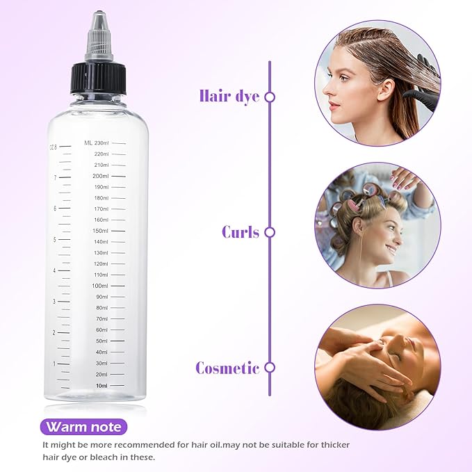 2Pcs Applicator Bottle for Hair, 8.5oz Twist Top Squeeze Oil bottles, Plastic Hair Color Bottle Dispenser Container for Scalp Root Dye Container with Clear Graduated Scale