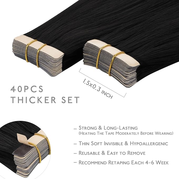 WENNALIFE Tape in Hair Extensions Human Hair, 40pcs 100g 16 inch Jet Black Hair Extensions Real Human Hair Straight Tape in Extensions Invisible Human Hair Extensions Reusable Real Hair Extensions