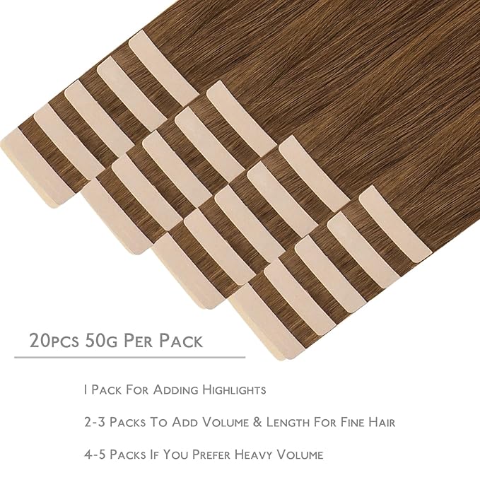 WENNALIFE Tape in Hair Extensions Human Hair, 20pcs 50g 16 inch Light Auburn Brown Remy Hair Extensions Straight Human Hair Tape in Extensions Skin Weft Tape Extensions Human Hair