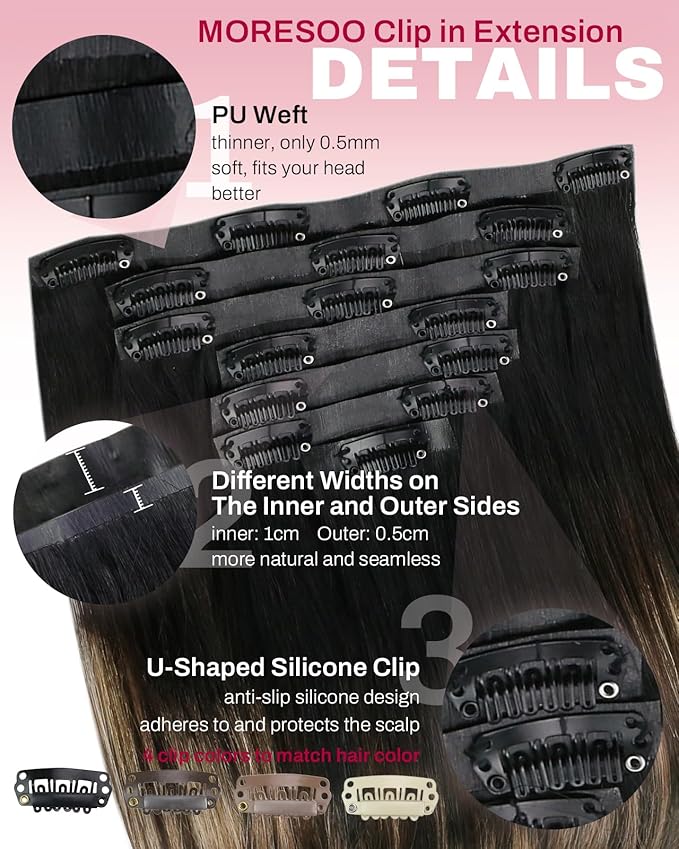 Moresoo Seamless Clip in Hair Extensions Human Hair Balayage Remy Straight PU Weft Human Hair Clip in Extensions Full Head Ombre Black to Brown with Caramel Blonde 7pcs/120g 14inch