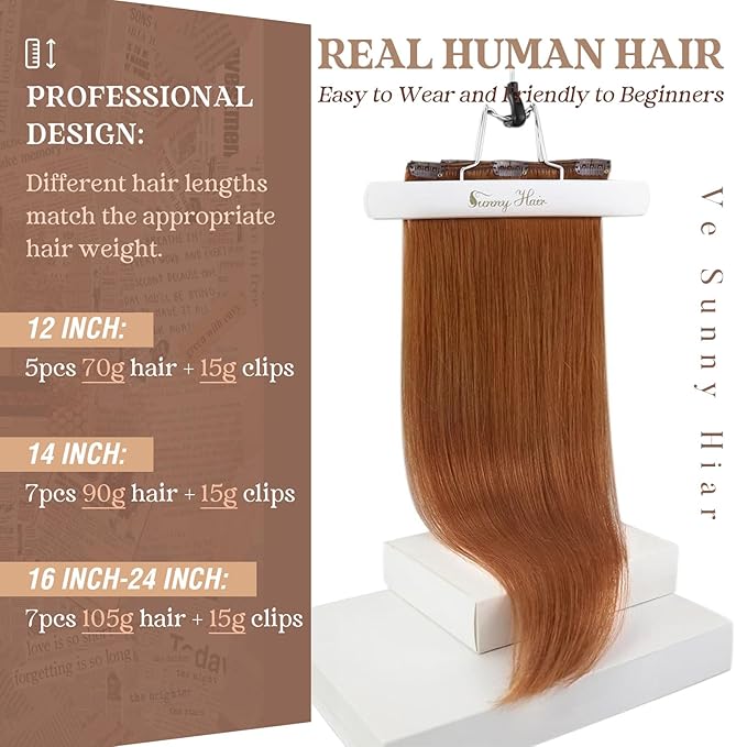 Ve Sunny Clip in Extensions Real Human Hair Ginger Copper Hair Extensions Full Head Clip in Hair Extensions Human Hair Natural Straight 7pcs 20 inch 120g