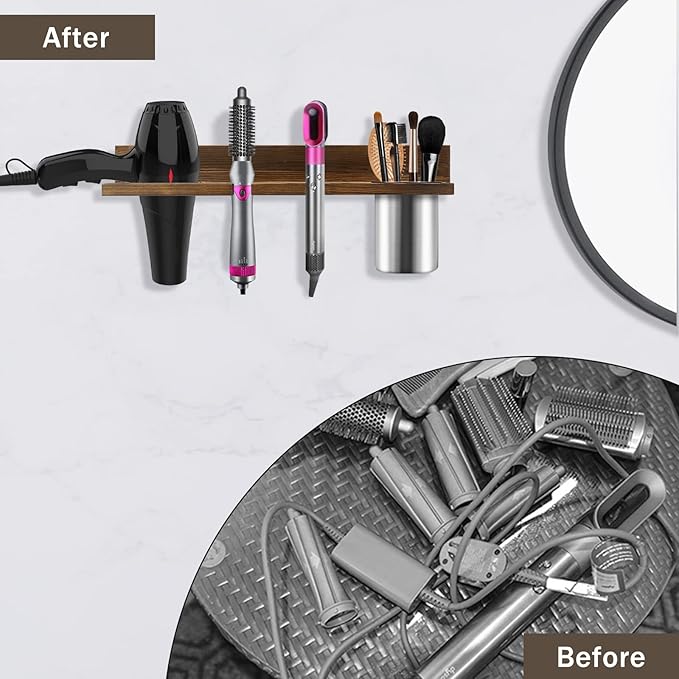 Hair Tool Organizer Wall Mounted - Wooden Dryer Holder, Blow Dryer Holder for Bathroom, Rustic Styling Tools Organizer for Flat Iron, Curling Wand, Hair Straighteners, Brushes, Brown