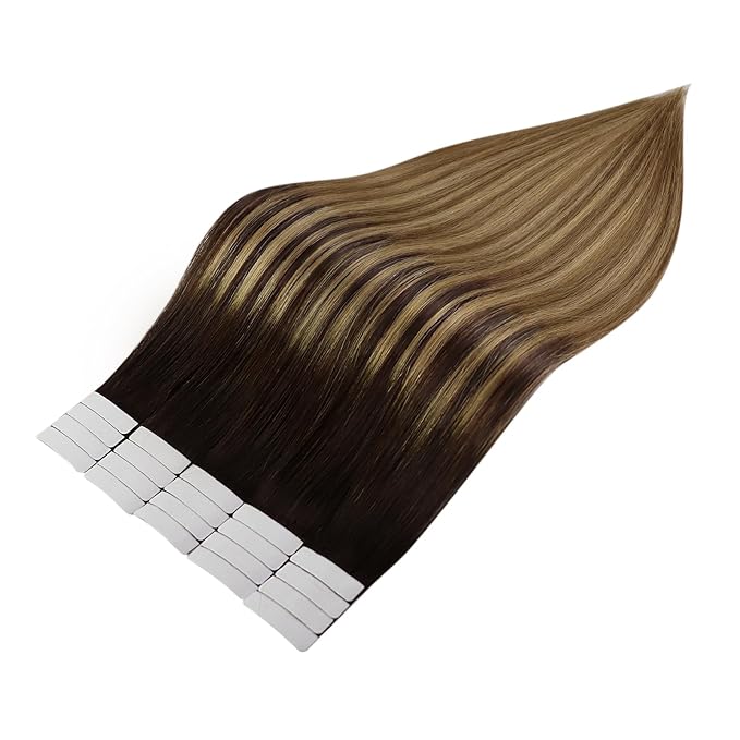 Full Shine Balayage Tape in Hair Extensions Human Hair Color 2 Brown Fading To 8 Ash Brown and 27 Blonde Invisible Double Sided Tape in Human Hair Extensions 14 Inch Soft Hair Extensions 50G 20 Pcs