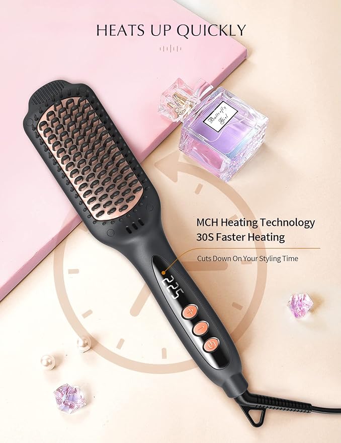 LANDOT Hair Straightener Brush for Thick Curly Hair - Ionic Ceramic Straightening Brush with Dense Bristles & 12 Temp Settings, Dual Voltage, Fast Heating for Frizz-Free Smooth Hair, Black