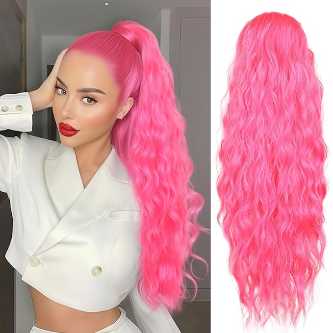 LEEONS 26 inch Drawstring ponytail Extension, Long Wavy pony tails hair extensions for Women - Synthetic Hairpiece Ponytail for Daily Use (Hot Pink)