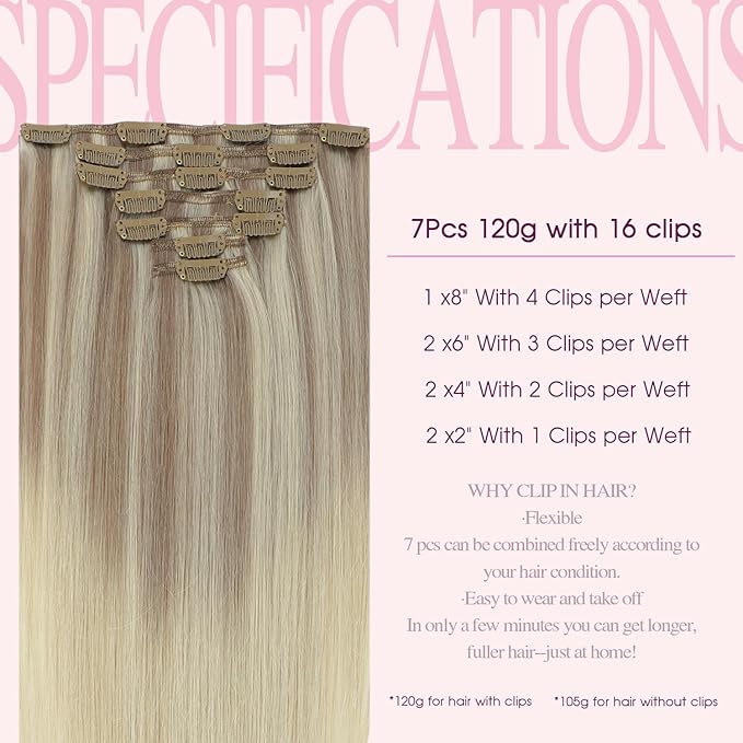 PINKPEARL Clip in Hair Extensions Straight Human Hair #18/22/60 Balayage Ash Blonde to Golden Blonde and Platinum Blonde 7pcs 120g 18 Inch Real Hair Clip in Extensions(#18/22/60-18)