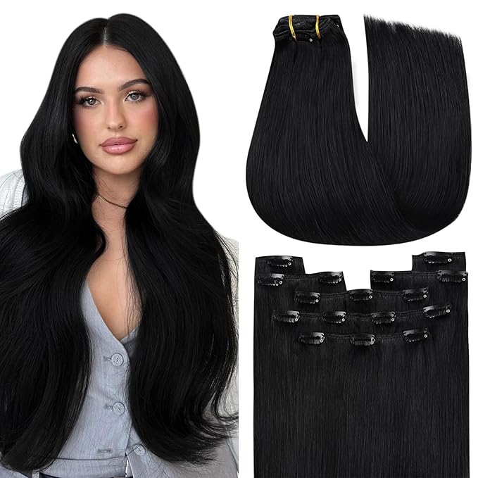 YoungSee 85G Clip in Human Hair Extensions Black Short Human Hair Clip in Extensions Jet Black Clip ins Hair Extension Real Human Hair Natural Short Hair Extension for Women 12Inch 7Pcs