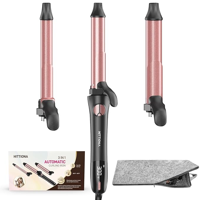 Rotating Curling Iron - 3 in1 Automatic Curling Irons with Interchangeable CurlingWand, 3/4, 1 1/4, 1 Inch for Lasting Beach Waves, Adjustable Temp, Instant Heat, Dual Voltage (Rose Gold)