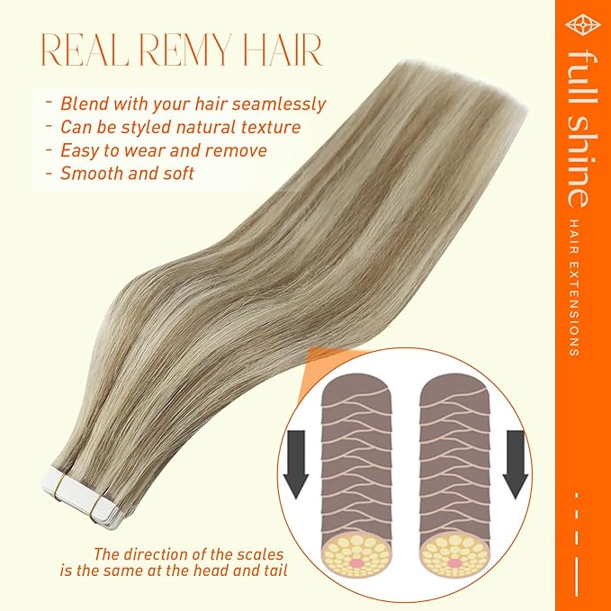 Full Shine Invisible Tape in Hair Extensions Color 16/22 Golden Blonde And Medium Blonde Remy Tape in Extensions Human Hair 20Inch Seamless Hair Extensions Real Human Hair 50G 20Pcs Natural Straight